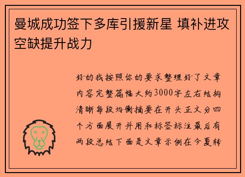 曼城成功签下多库引援新星 填补进攻空缺提升战力