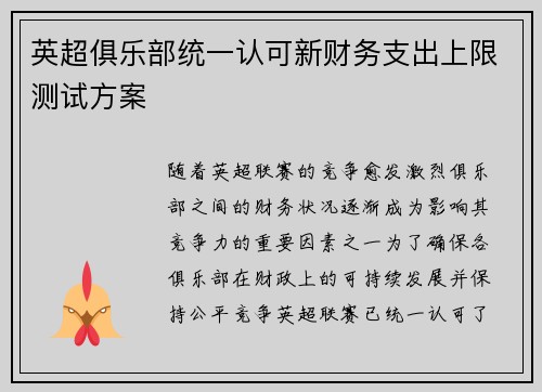 英超俱乐部统一认可新财务支出上限测试方案